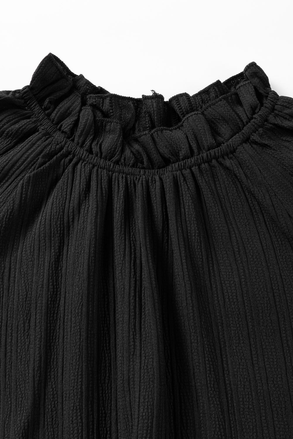 Black Frilled Mock Neck Ripple Bubble Sleeve Blouse