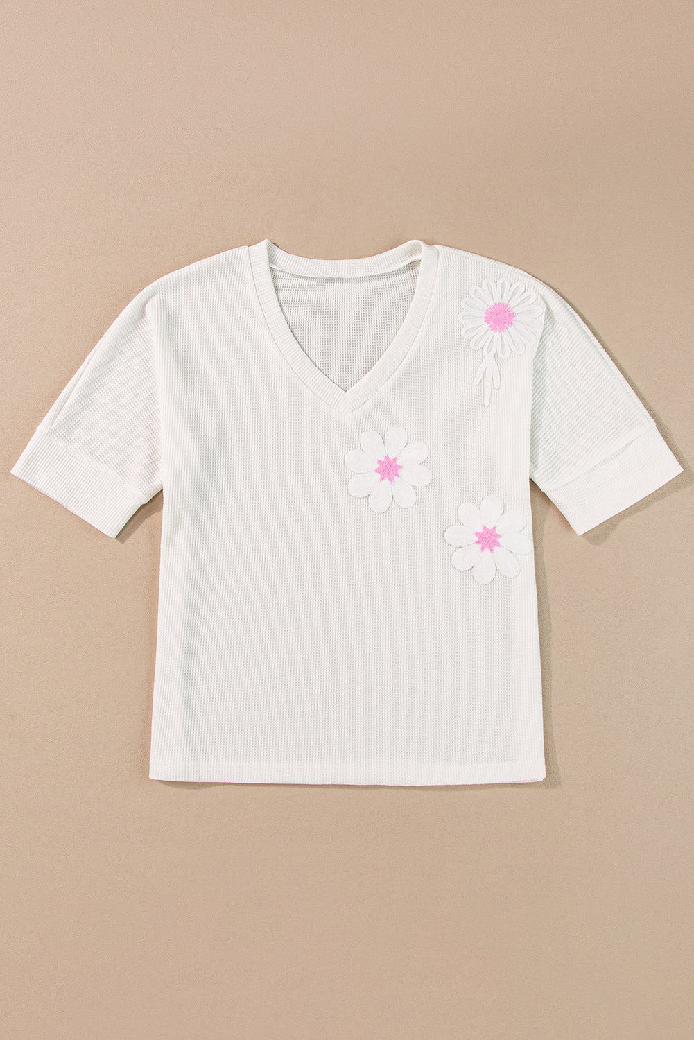 White Flower Applique Texture Knitted V Neck Top