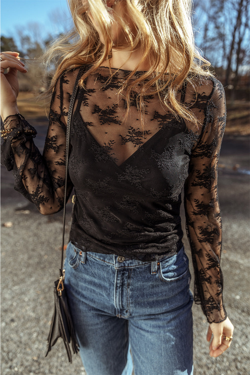 Black Lace Mesh Crochet Splicing Slim Fit Long Sleeve Blouse