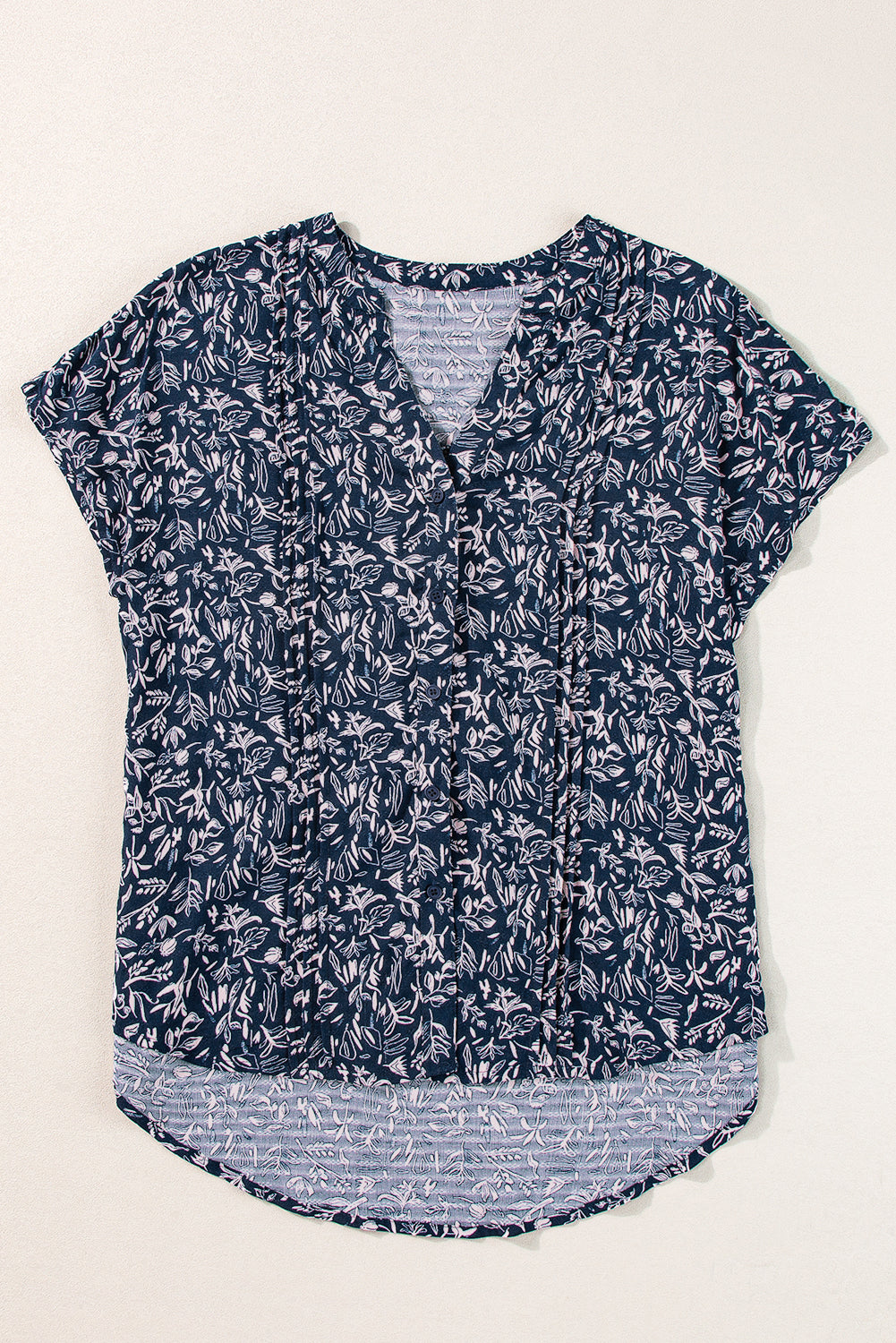 Blue Abstract Print Buttoned V Neck Short Sleeve Blouse