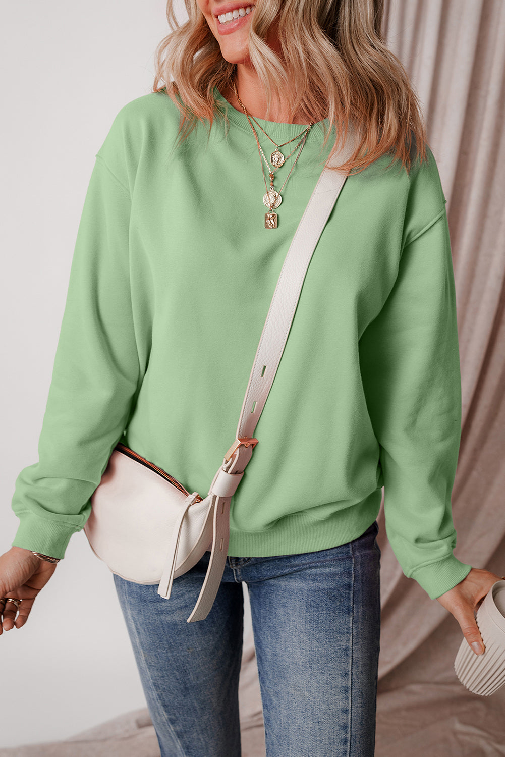 Smoke Green Solid Fleece Lined Drop Shoulder Terry Sweatshirt