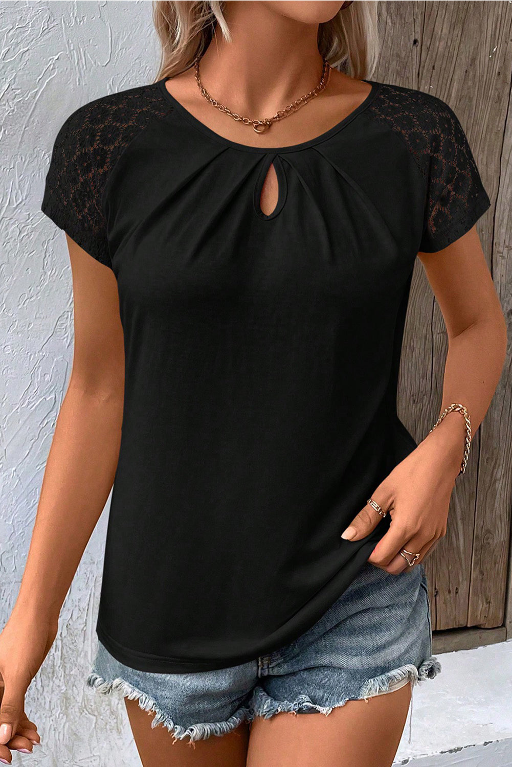 Black Contrast Lace Sleeve Keyhole Decor Top