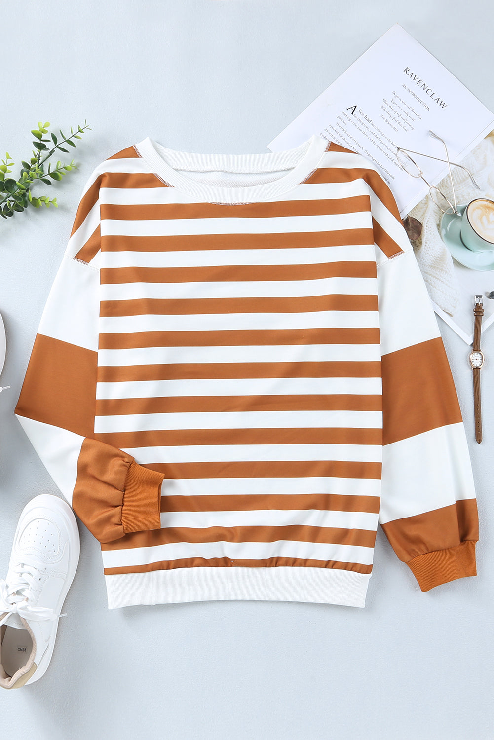 Brown Stripe Drop Shoulder Striped Pullover Sweatshirt