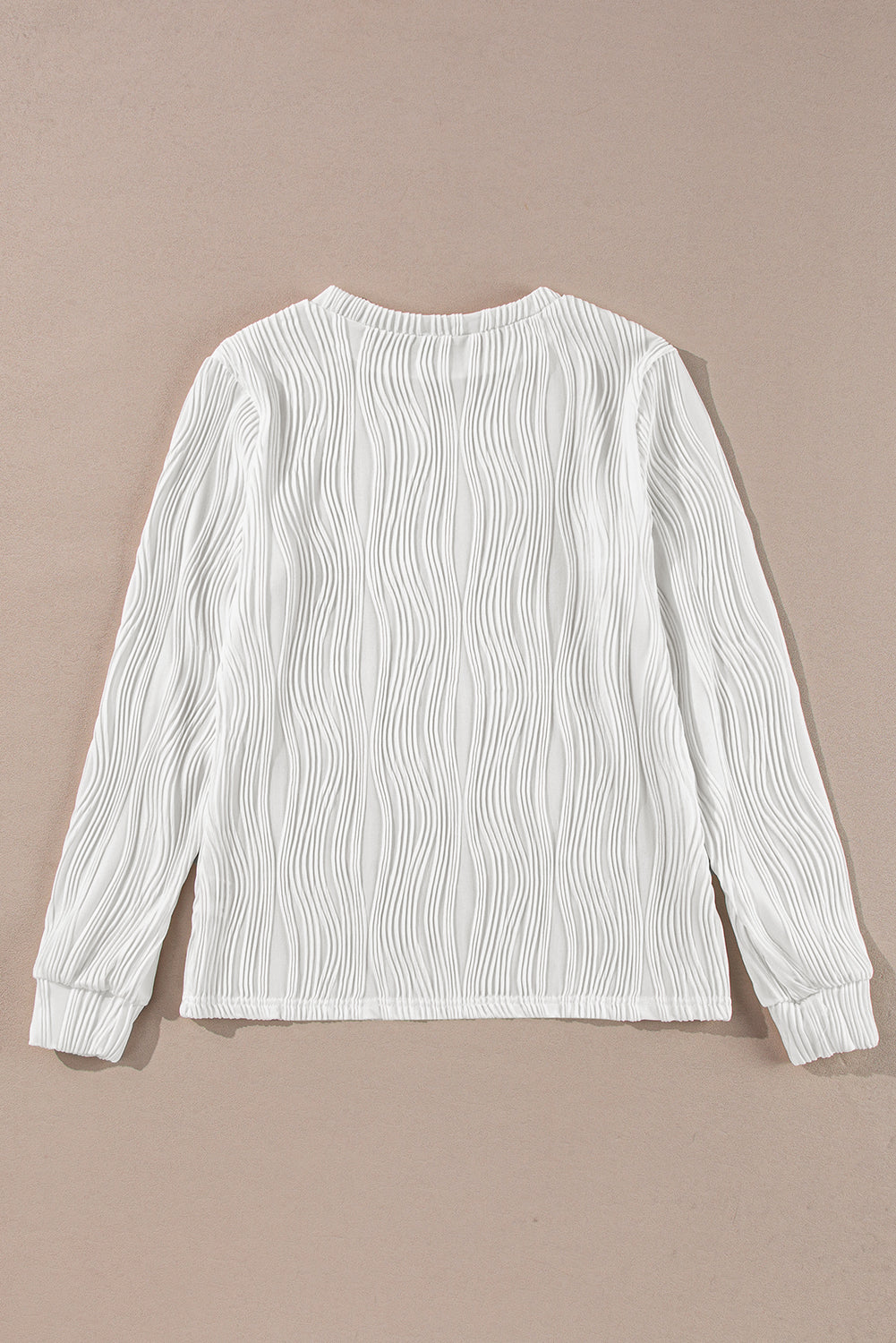 White Textured Wavy Round Neck Long Sleeve Top