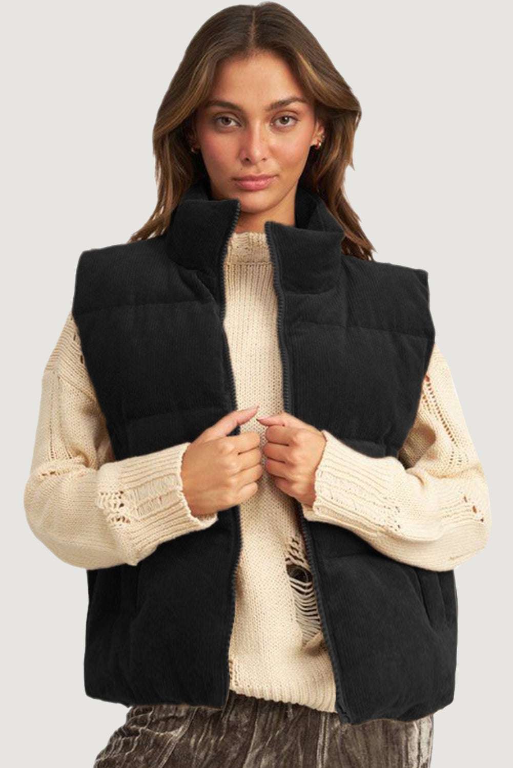 Black Corduroy Stand Neck Zipped Puffer Vest