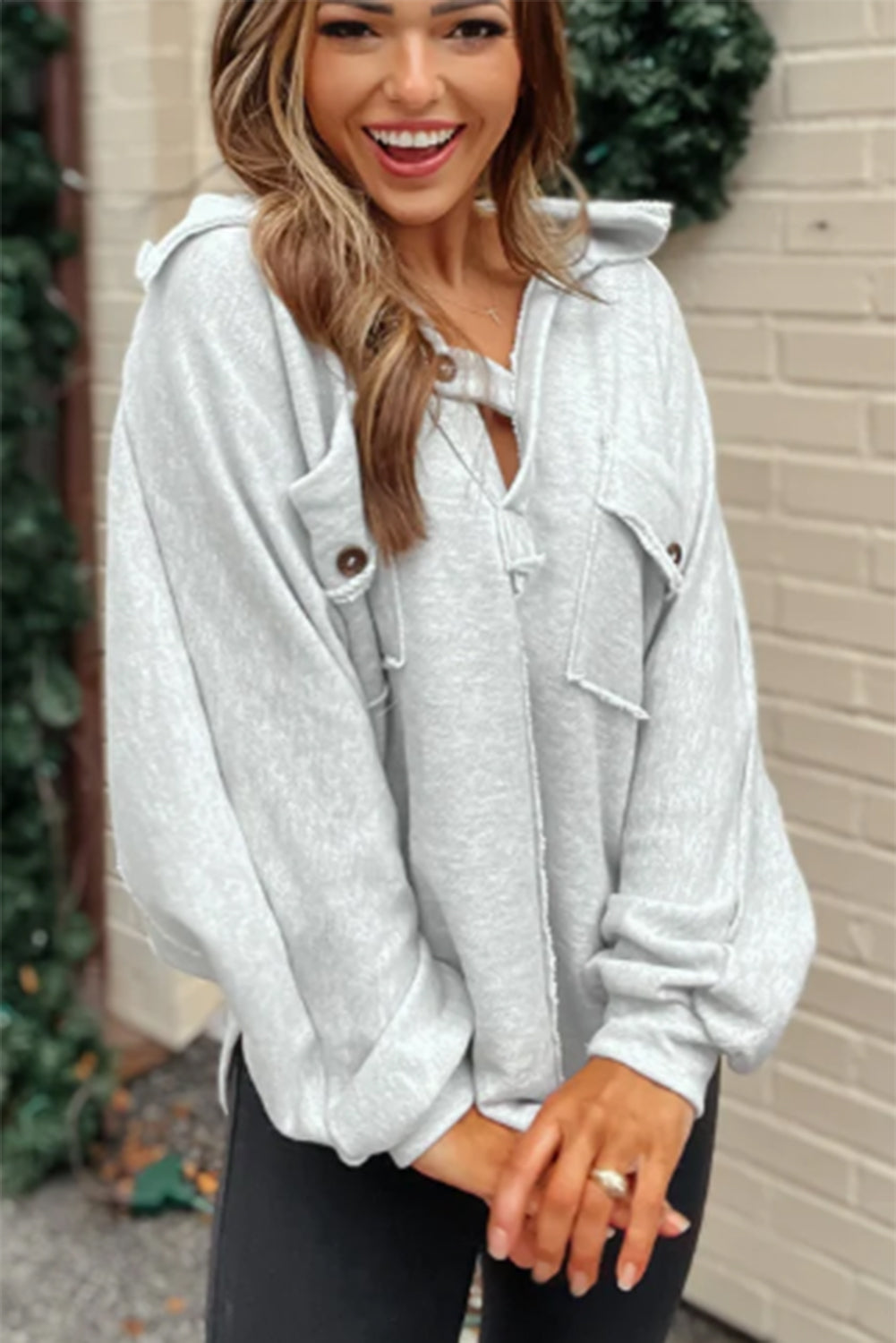 Gray Exposed Seam Double Chest Pocket Sweatshirt