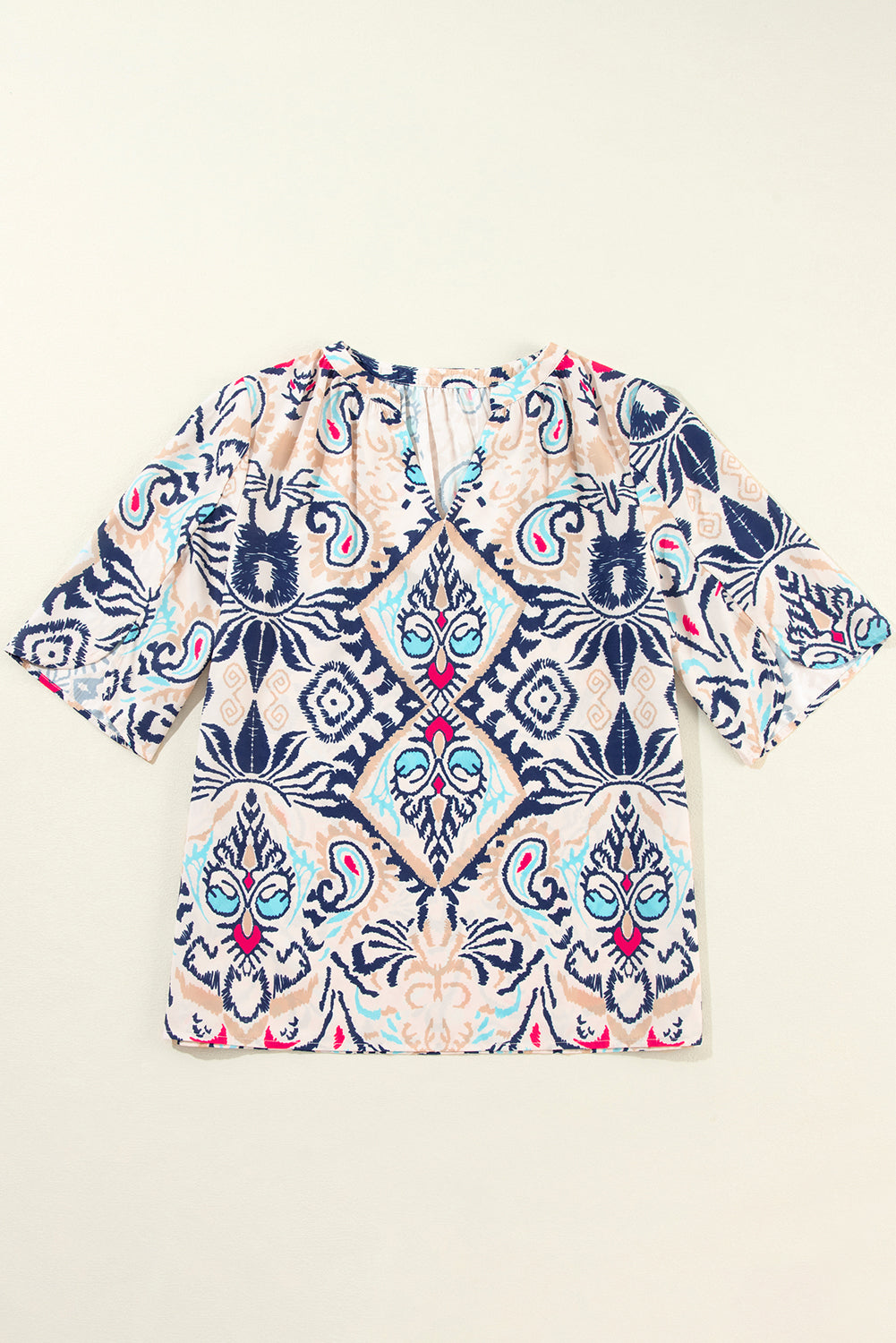 White Abstract Printed Notched V Neck Split Half Sleeve Blouse