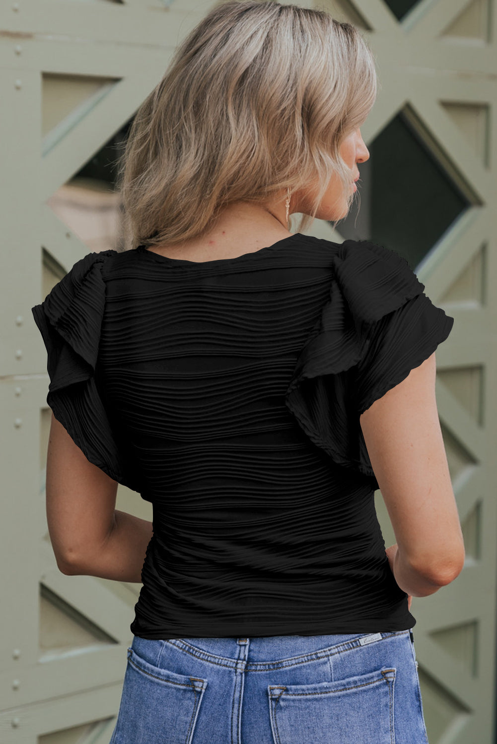 Black Wavy Textured Ruffle Sleeve Top