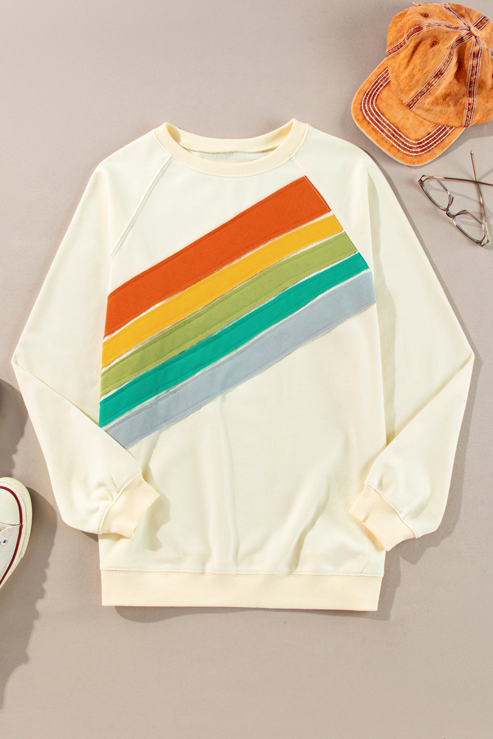 Apricot Rainbow Colorblock Striped Pullover Sweatshirt