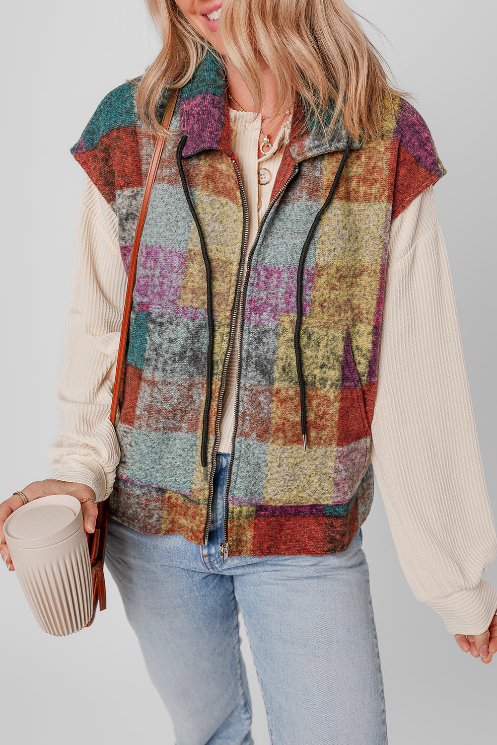 Multicolor Plaid Print Side Pockets Zipped Loose Vest