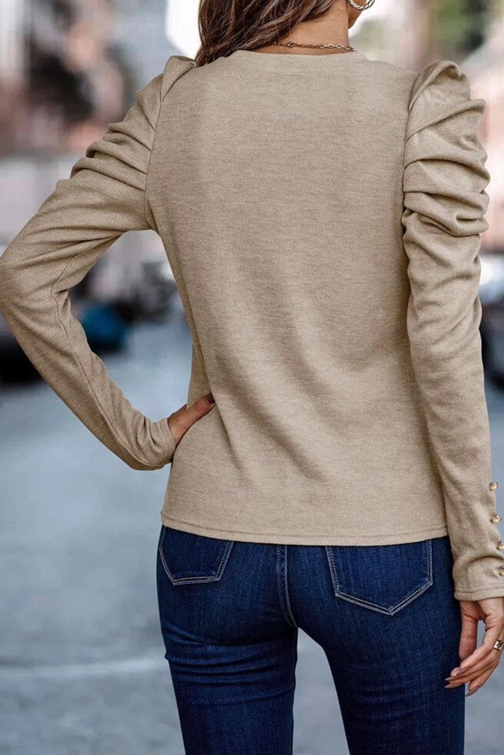 Khaki Buttoned Puff Long Sleeve Sheath Top