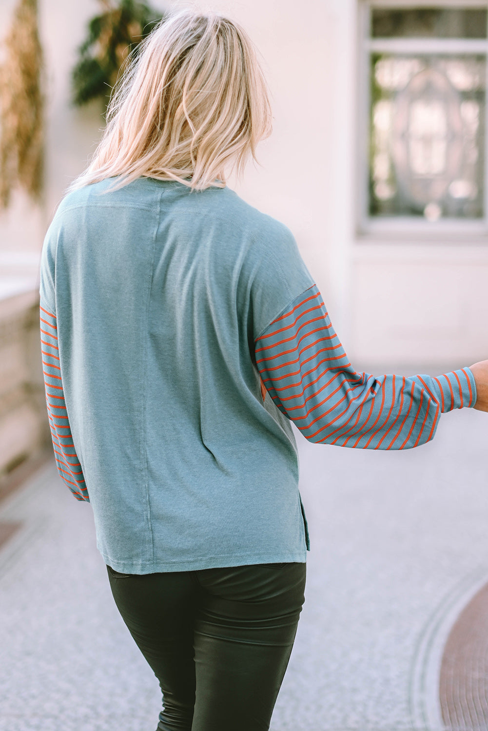 Green Colorblock Striped Bishop Sleeve Top