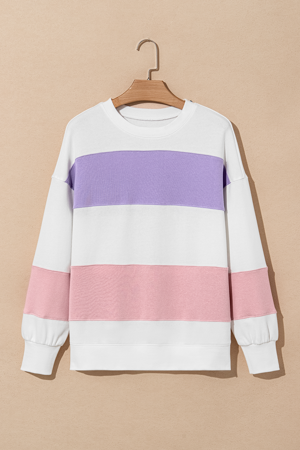 Beige Colorblock Patchwork Drop Shoulder Crewneck Sweatshirt