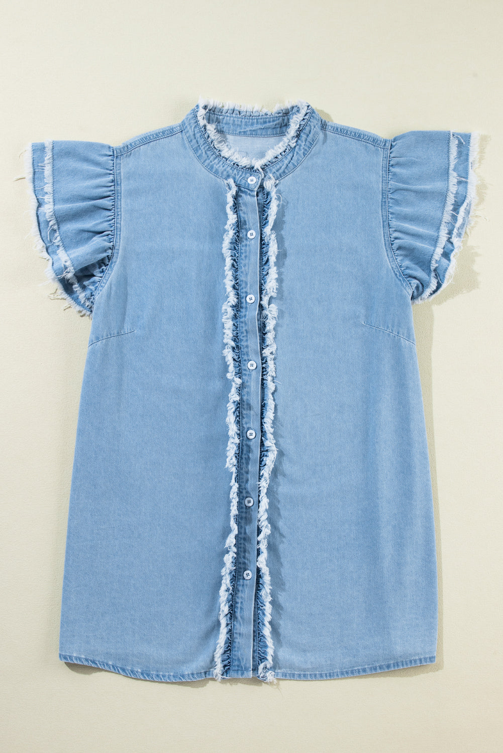 Dusk Blue Plus Size Ruffled Sleeve Button Up Frayed Denim Top