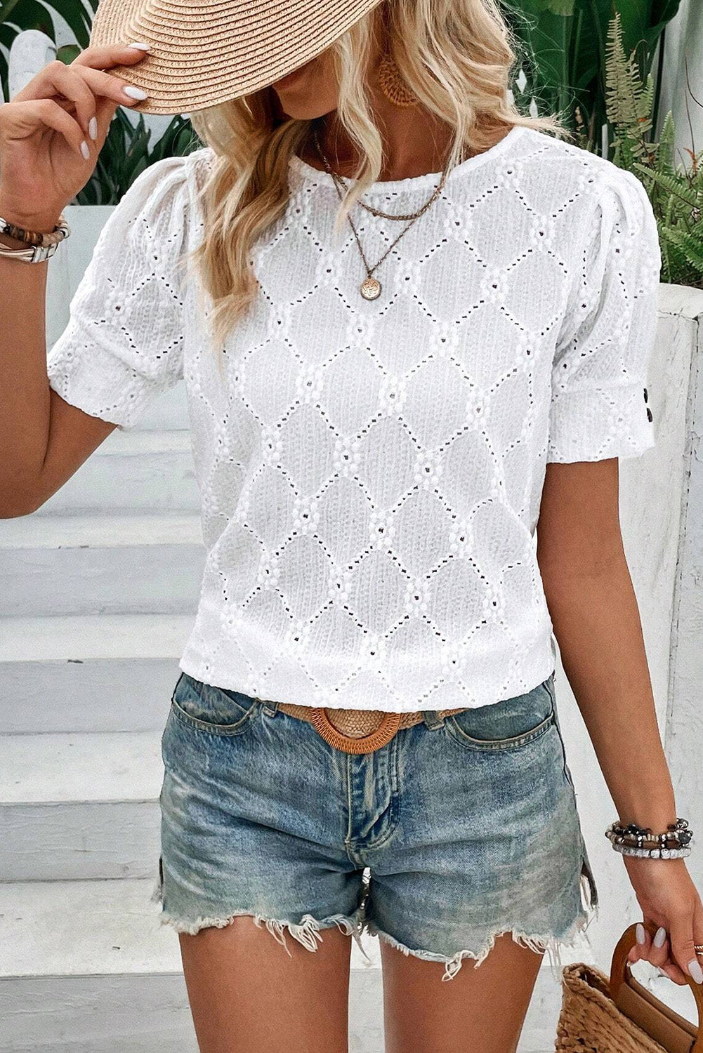 White Eyelet Embroidered Short Puff Sleeve Top