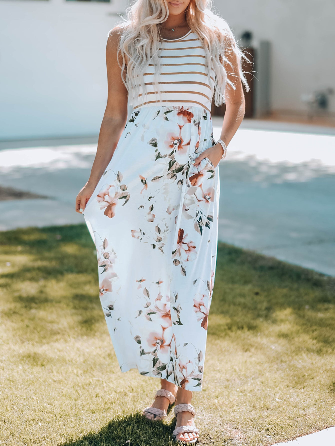 White Striped Floral Print Sleeveless Maxi Dress with Pocket