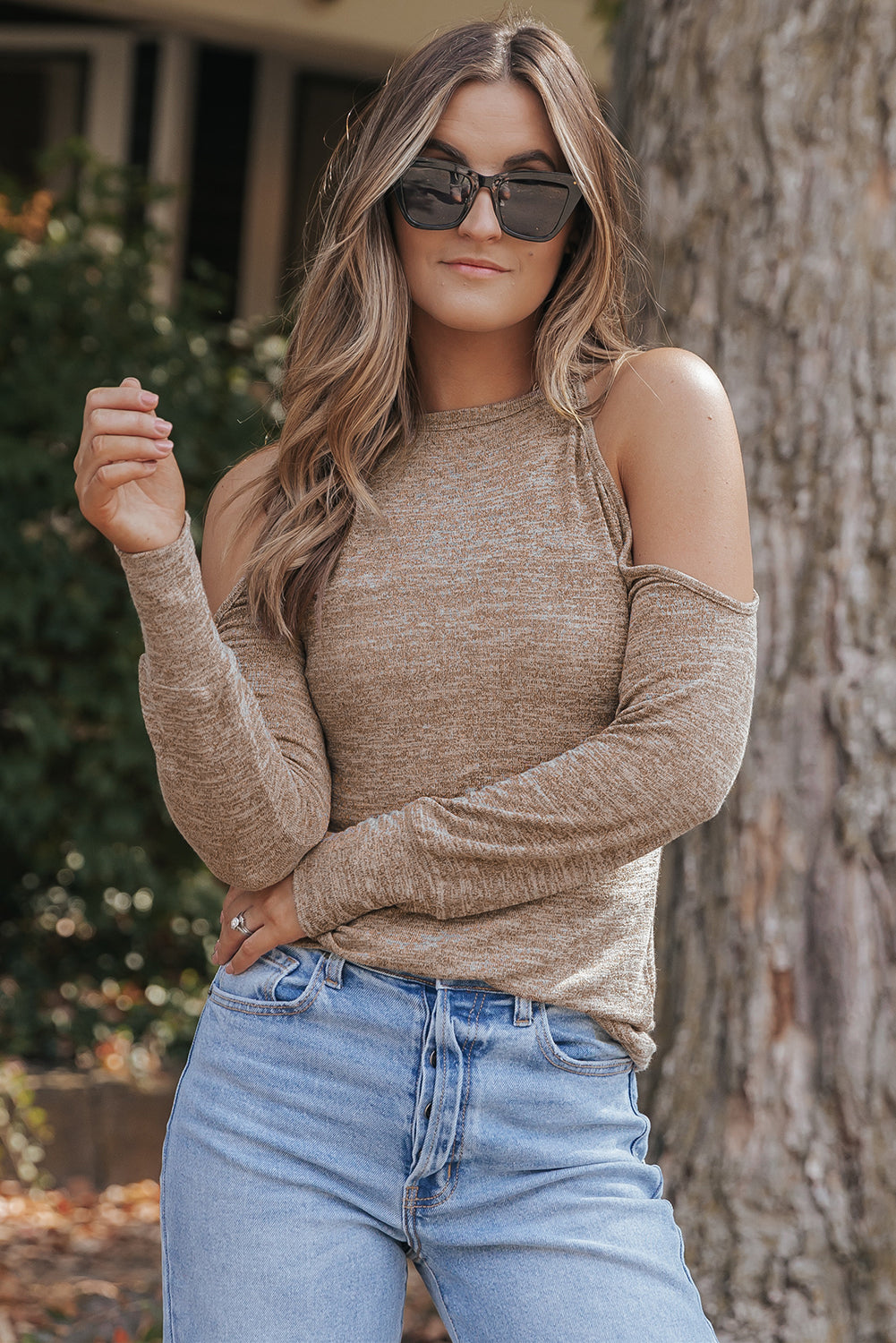 Khaki Marble Knit Cold Shoulder Long Sleeve Top