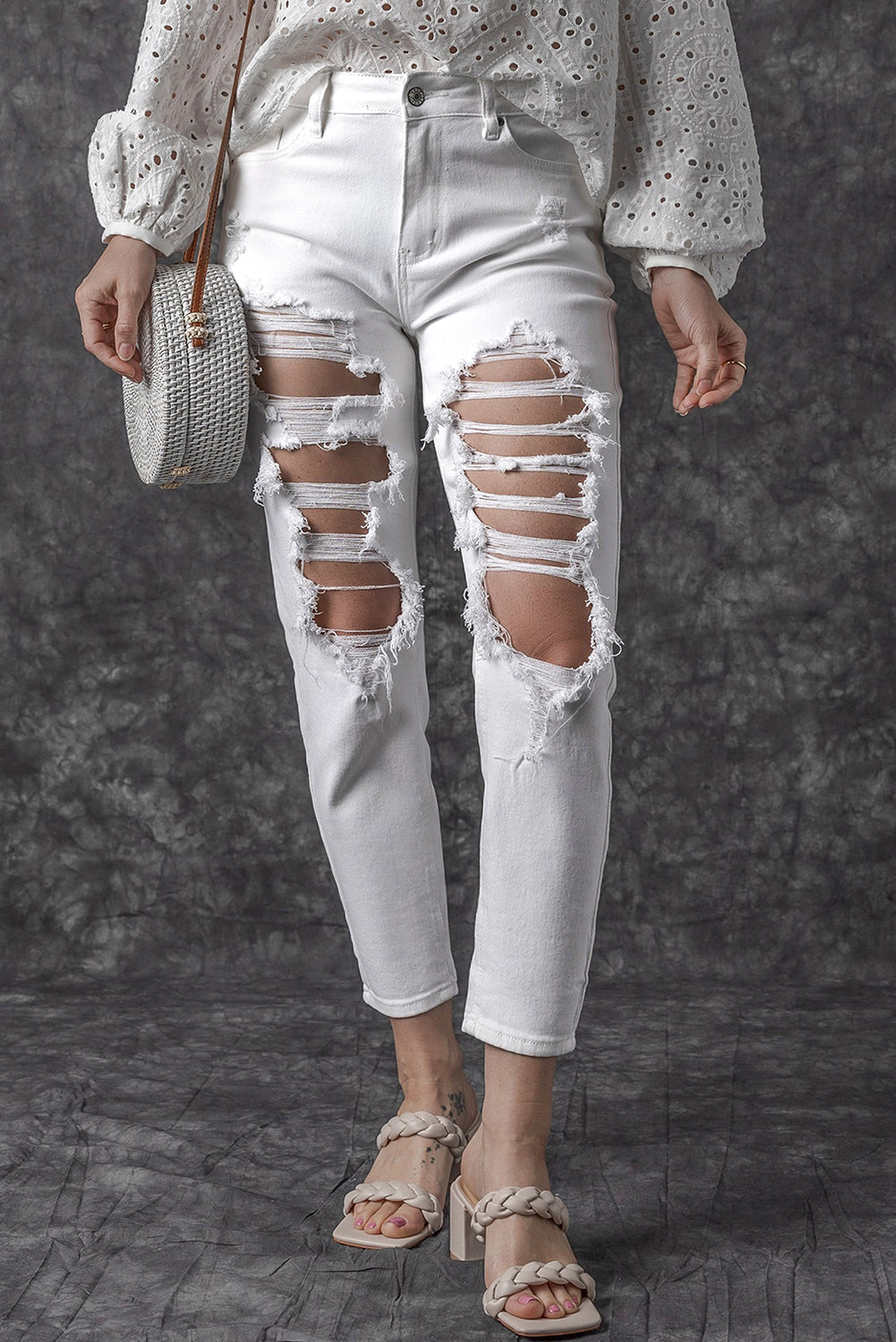 White Distressed Ripped Holes High Waist Skinny Jeans