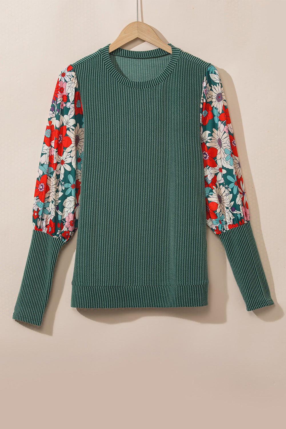 Blackish Green Contrast Floral Sleeve Striped Crew Neck Top