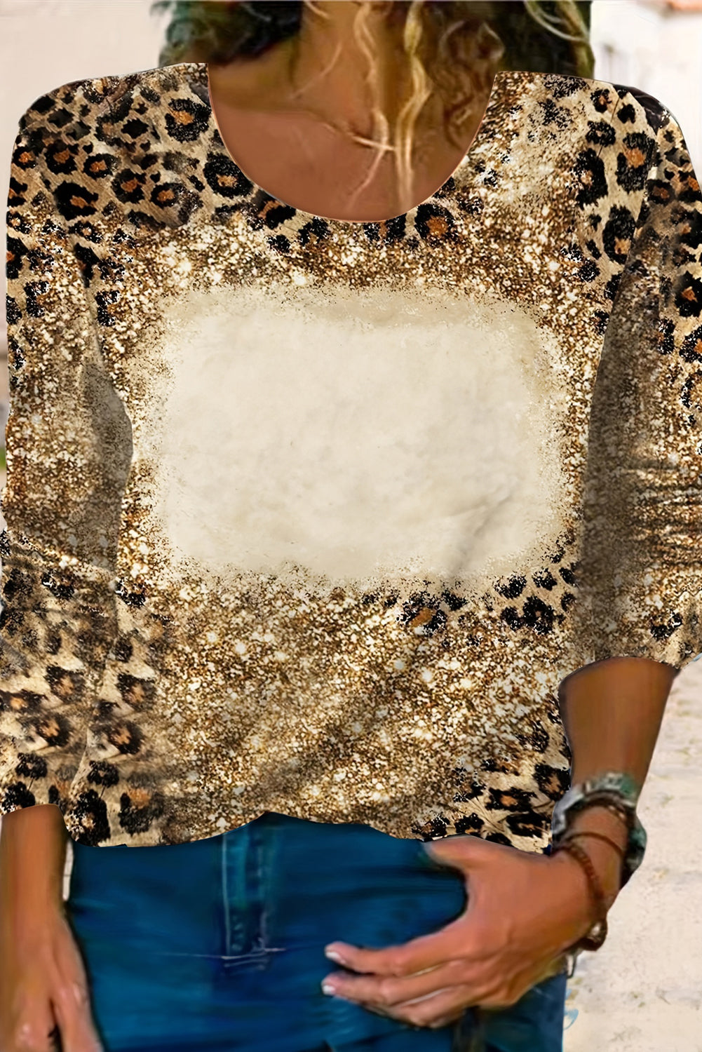 Brown Cheetah Bleached Print Long Sleeve T Shirt