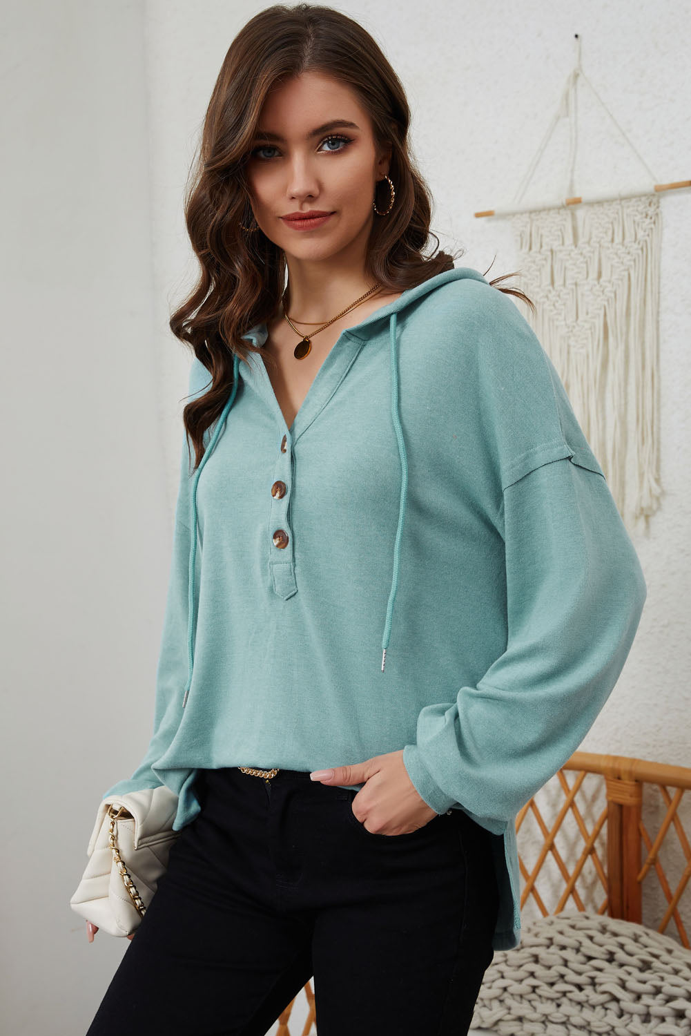 Buttoned High and Low Hem Hoodie