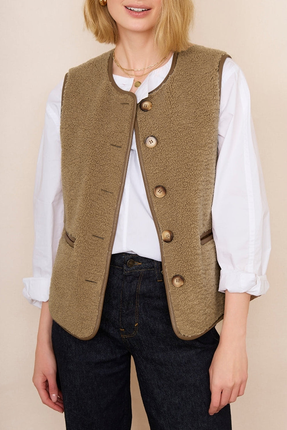 Camel Leather Contrast Side Pockets Buttoned Fleece Vest