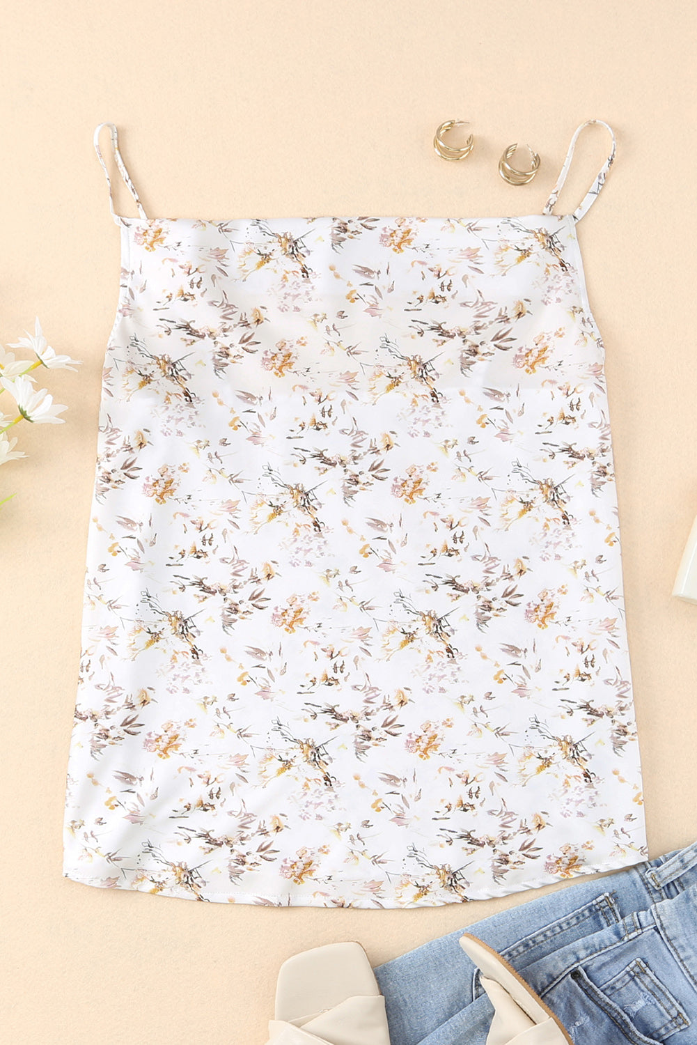 Beige Floral Print Drape Front Tank Top