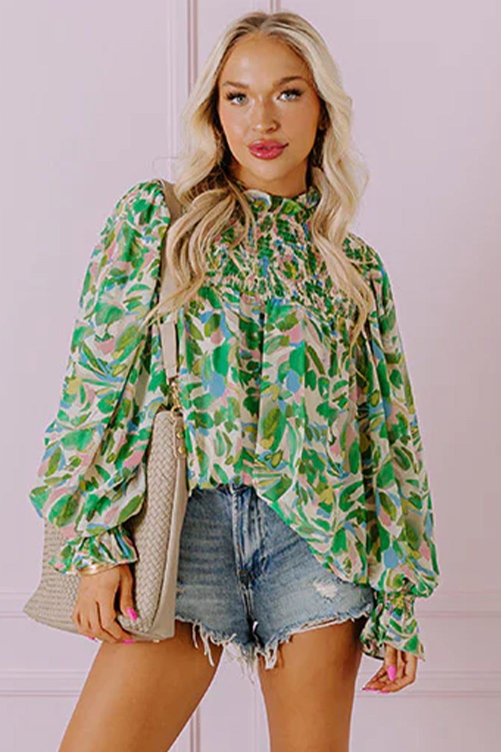 Green Leafy Printed Flounce Sleeve Shirred Mock Neck Blouse