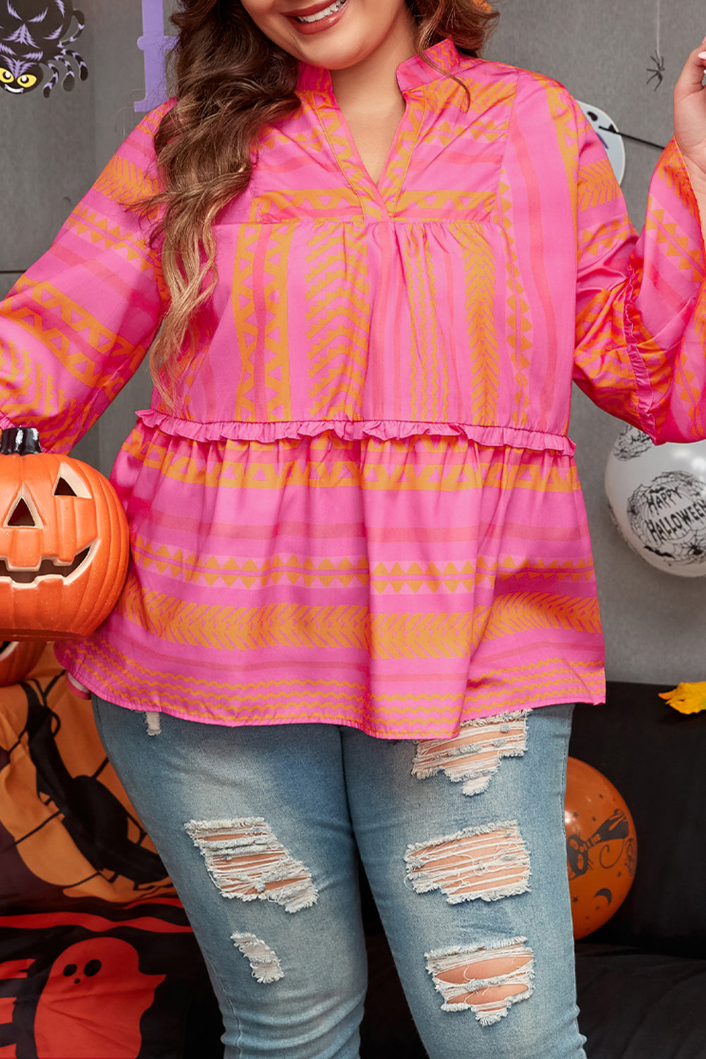 Vitality Orange Plus Size Geometric Embroidered Bell Sleeve Babydoll Blouse