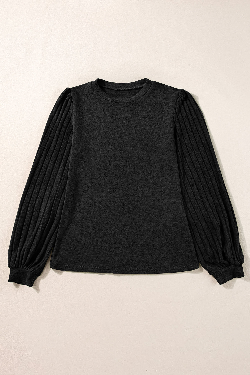 Black Contrast Ribbed Bishop Sleeve Top