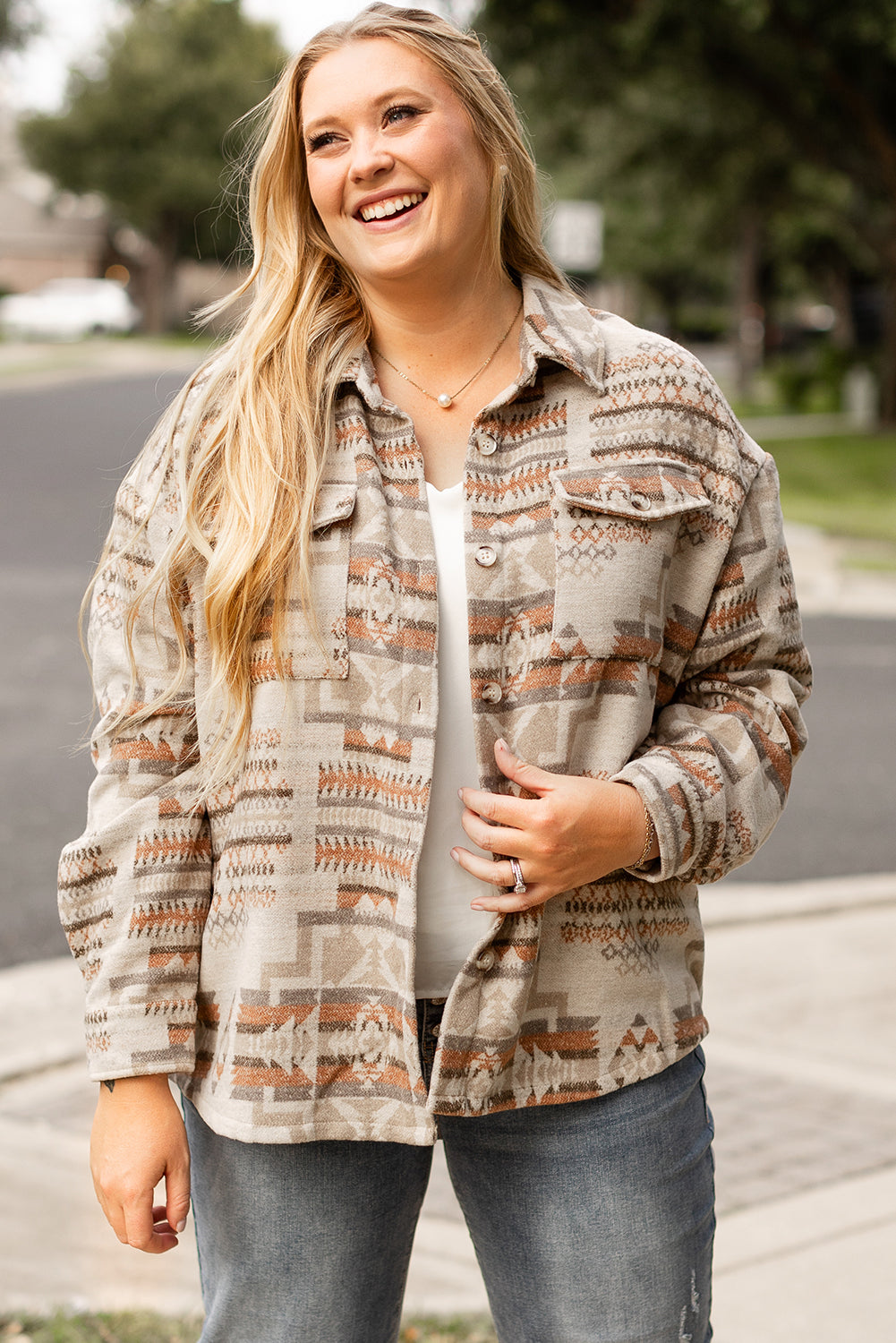 White Aztec Geometric Print Pockets Plus Size Jacket