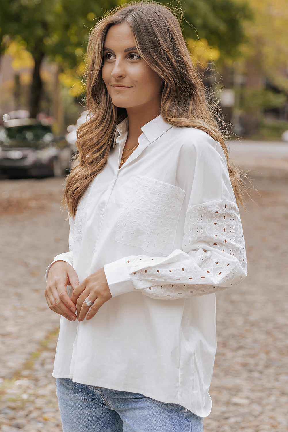 White Lace Patch Chest Pocket Button-Up Shirt