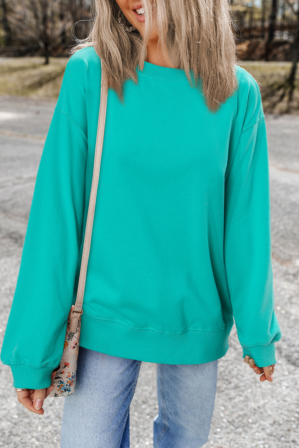 Aruba Blue Plain Drop Shoulder Crewneck Pullover Sweatshirt