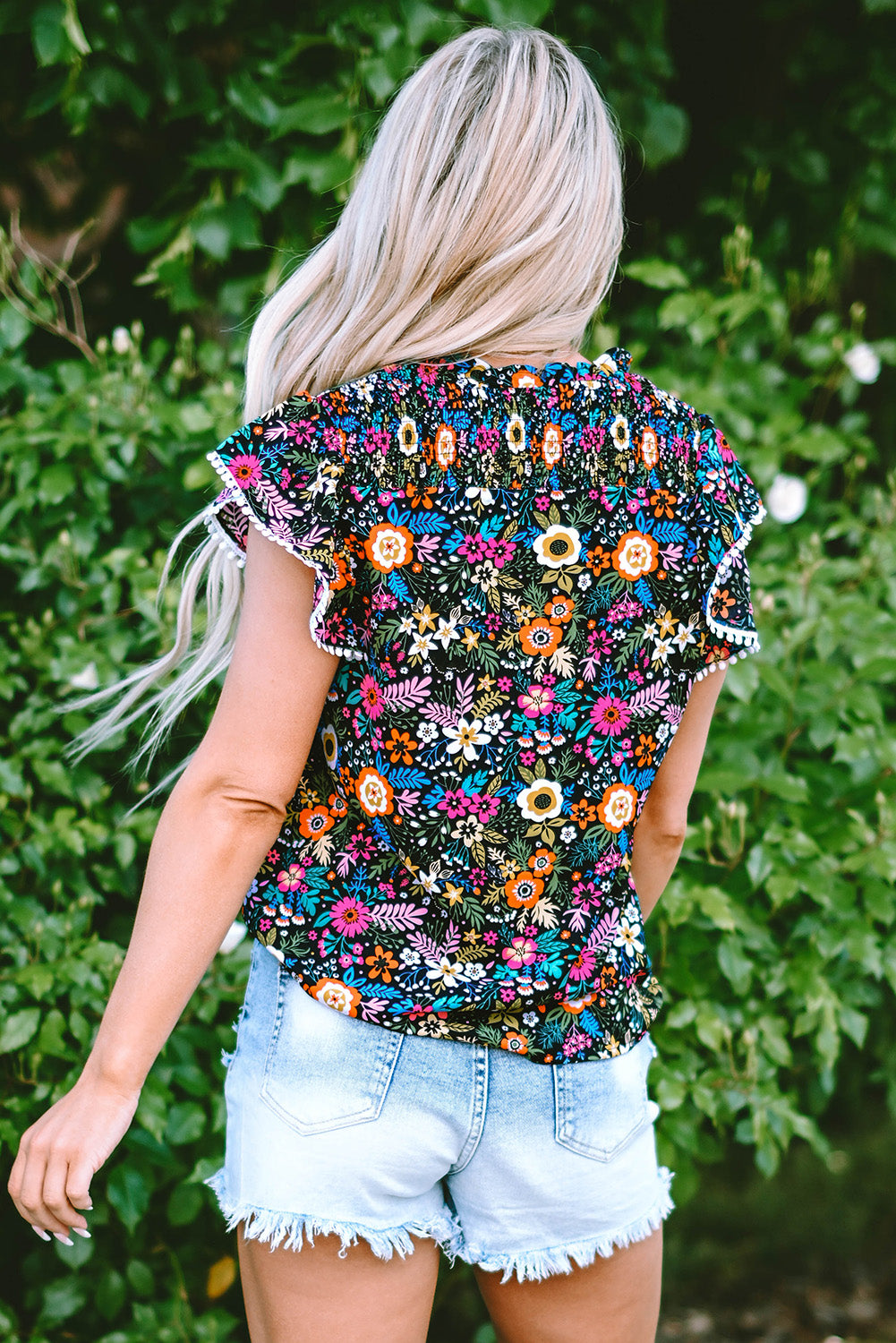 Black Lace Trim Flutter Sleeve Tropical Floral Blouse