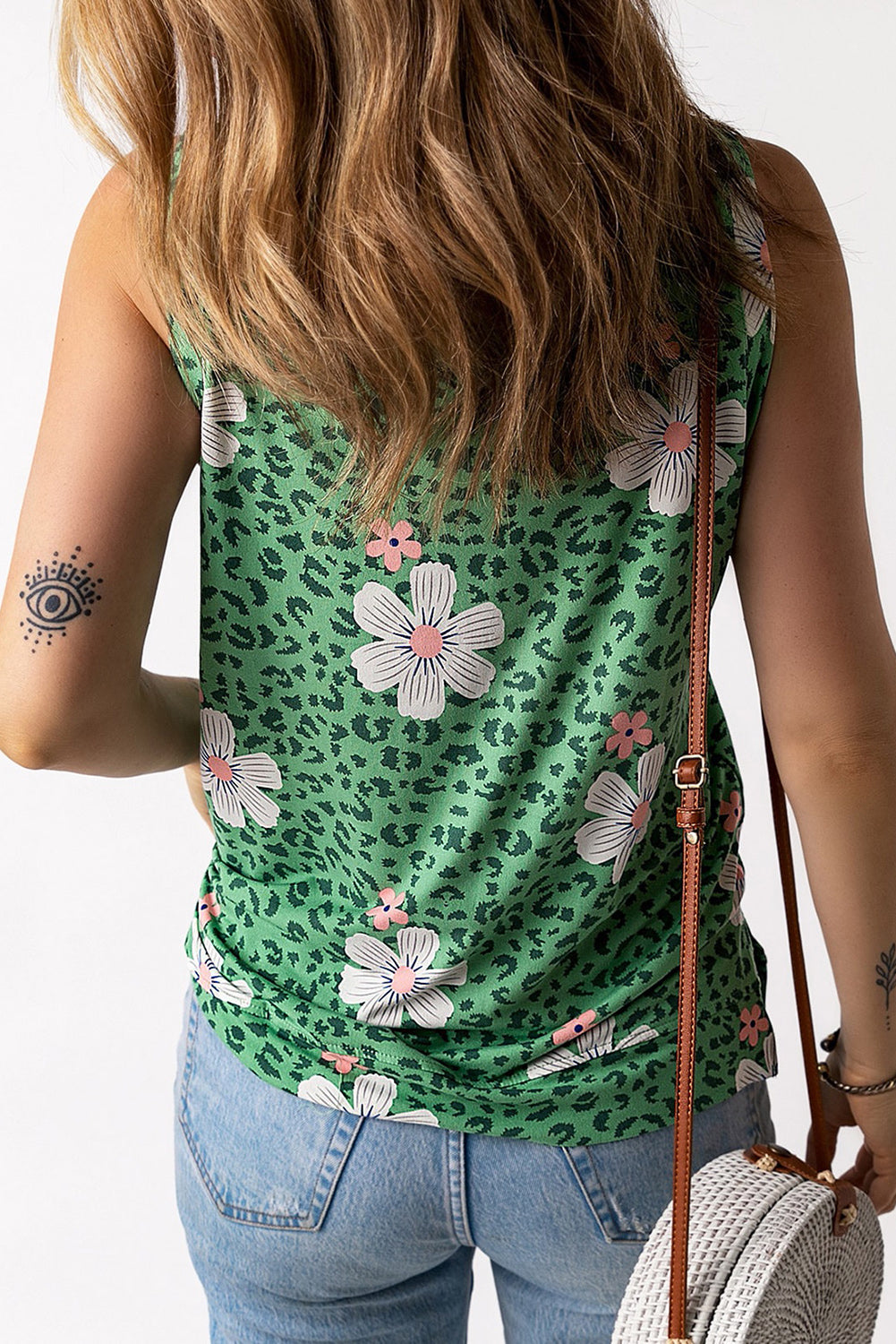 Green Crew Neck Floral Leopard Print Tank Top