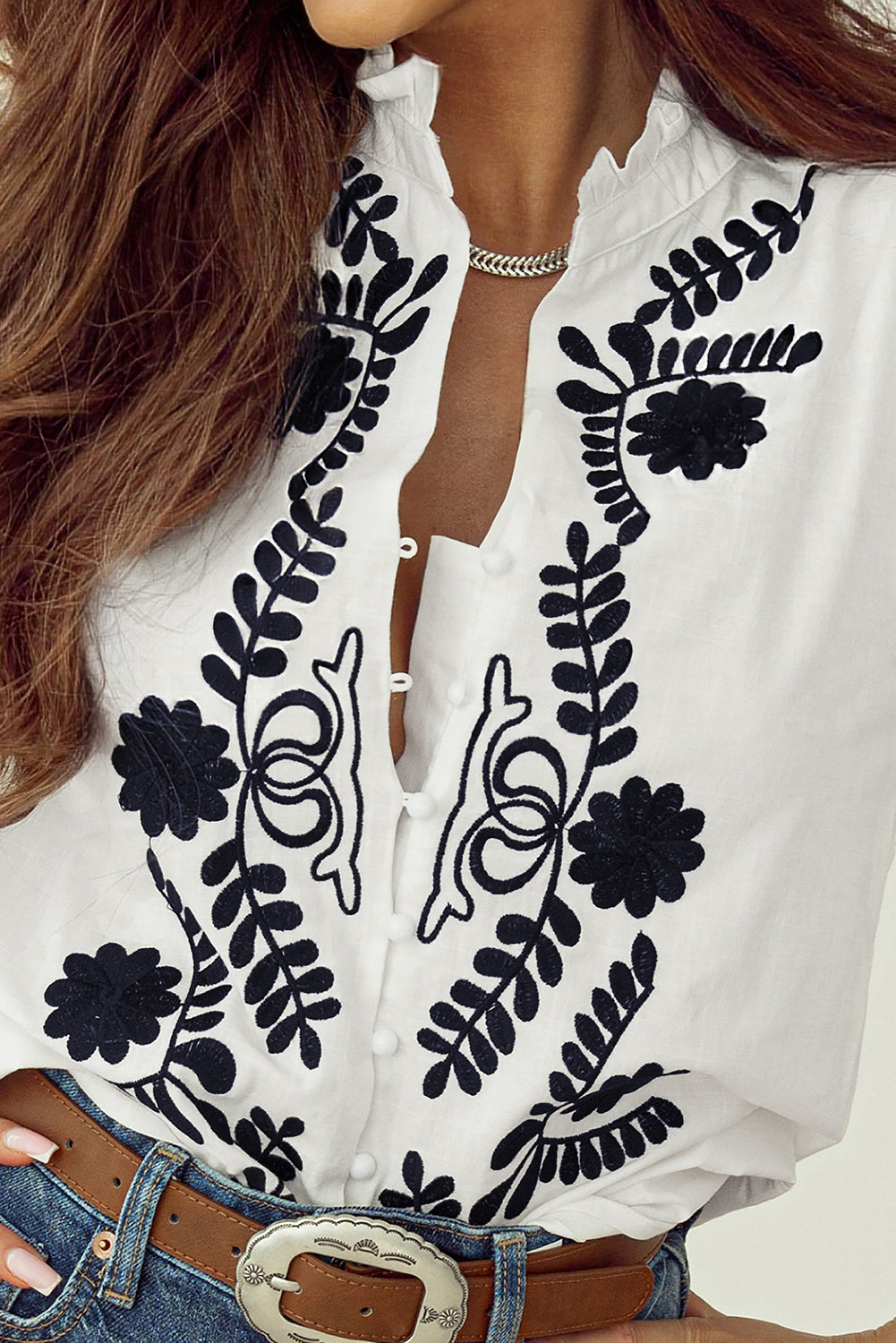 White Floral Embroidered Shirred Sleeve Elegant Shirt