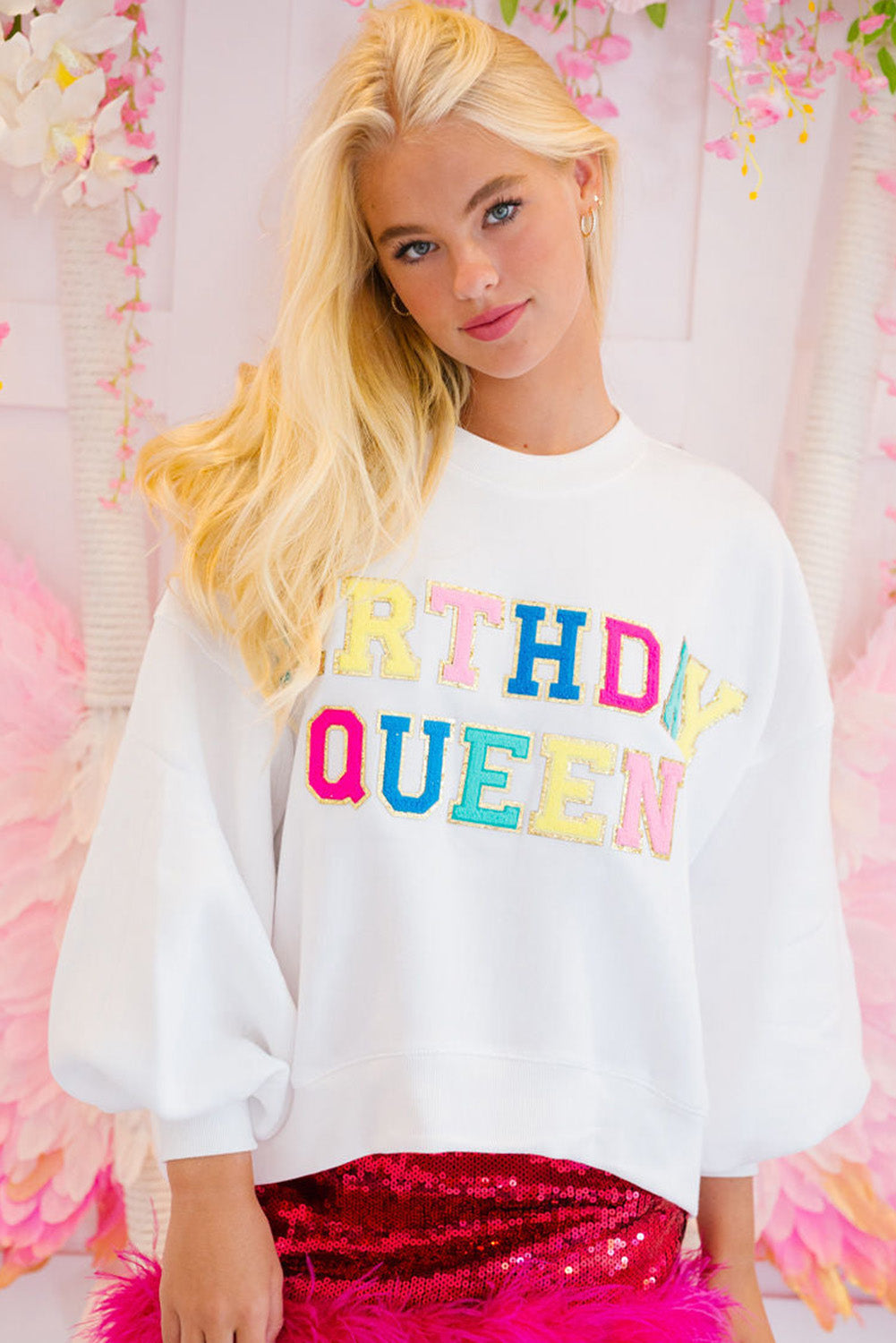 White BIRTHDAY QUEEN Graphic Balloon Sleeve Sweatshirt