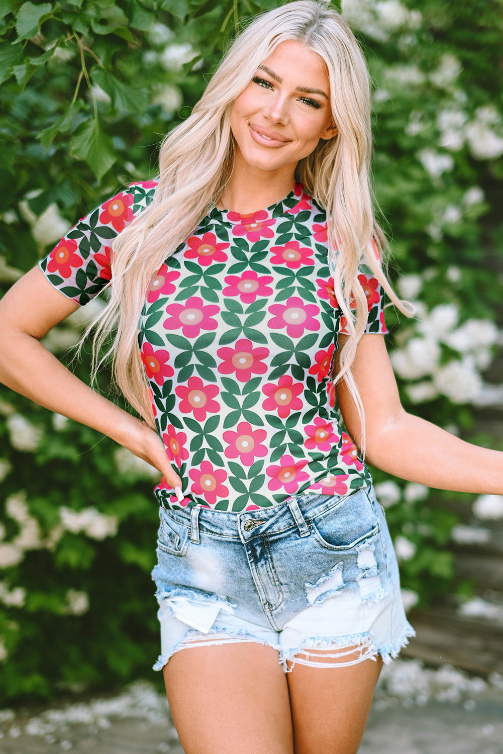 Fiery Red Retro Floral Print Crew Neck T Shirt