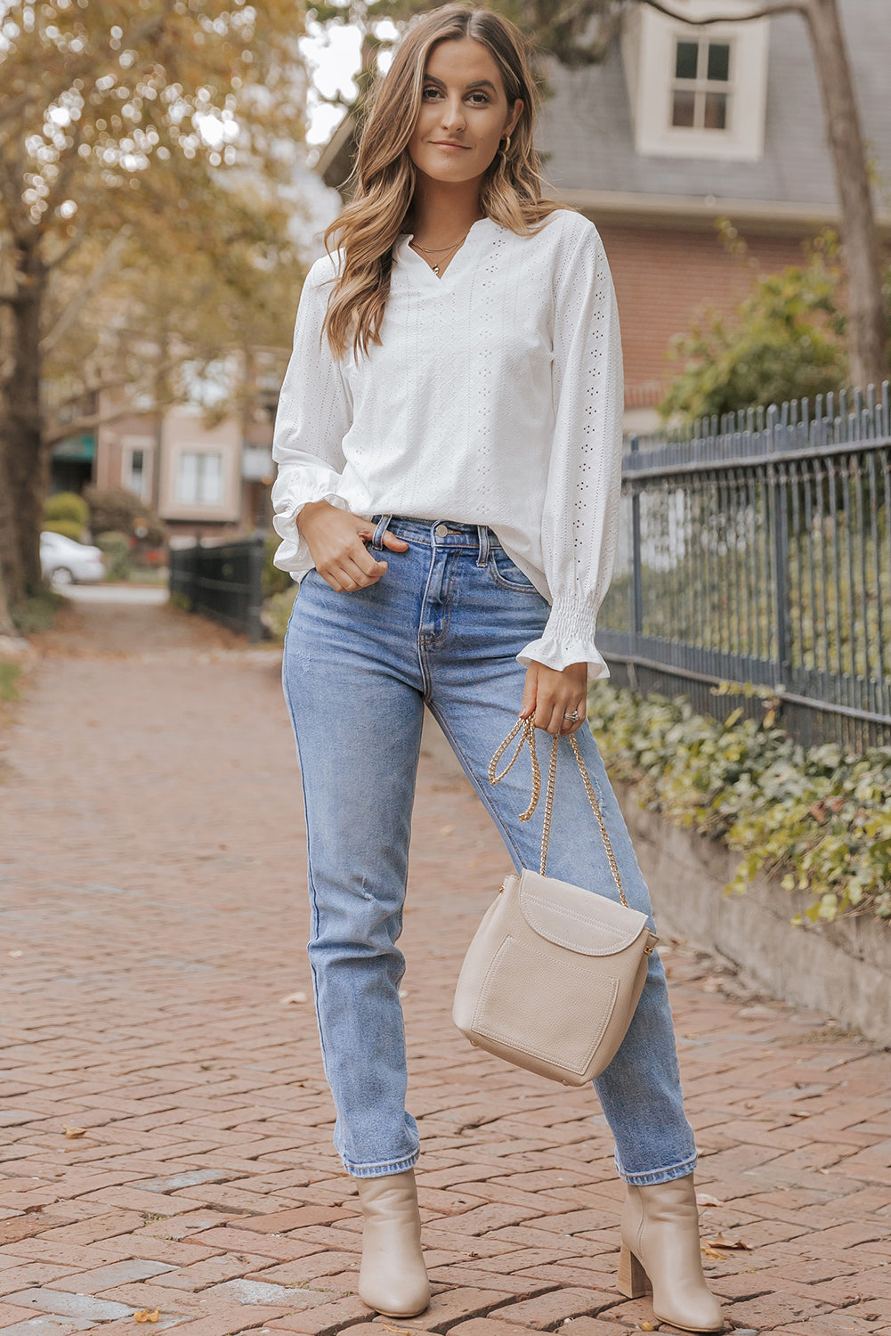 White Split Neck Textured Loose Blouse