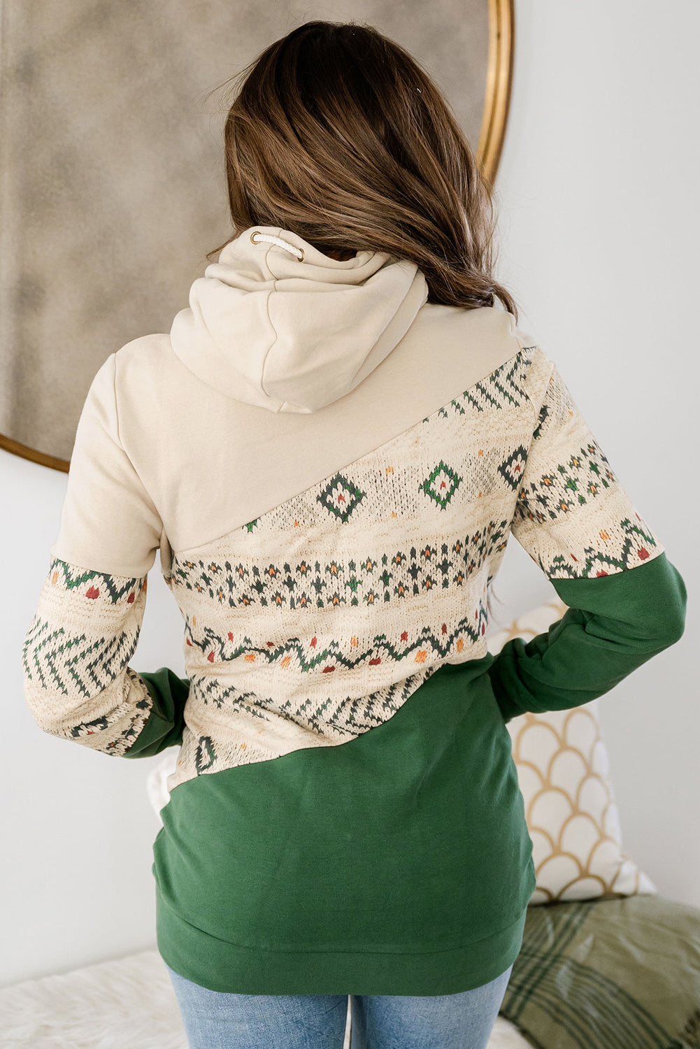 Blackish Green Geometric Color Block Patchwork Hoodie