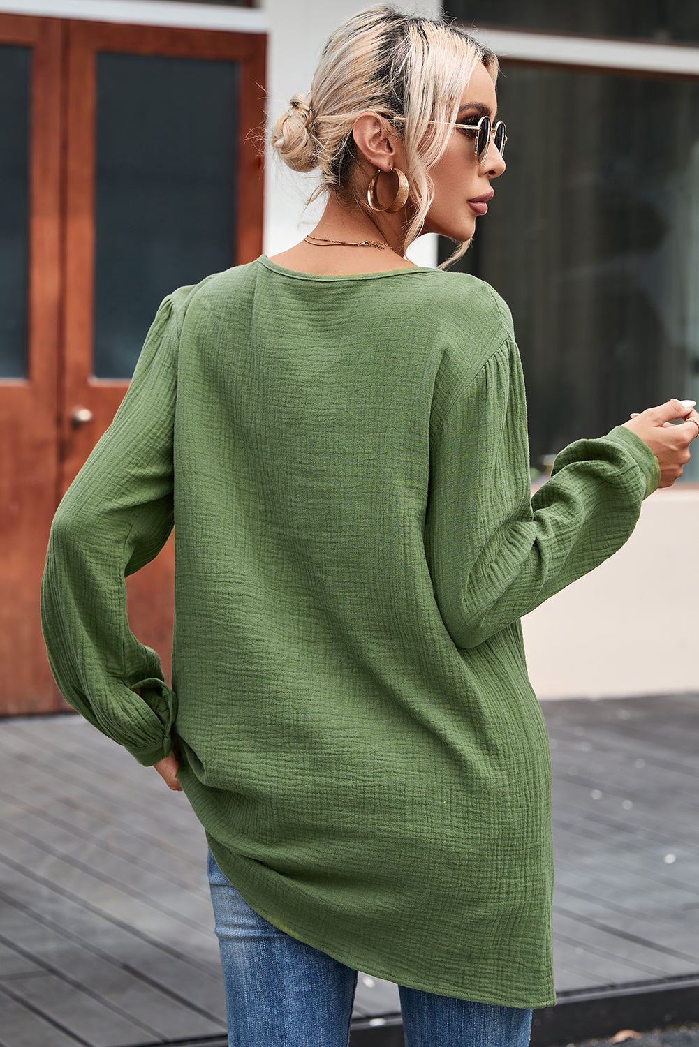 Green Casual Pleated V Neck Textured Loose Top