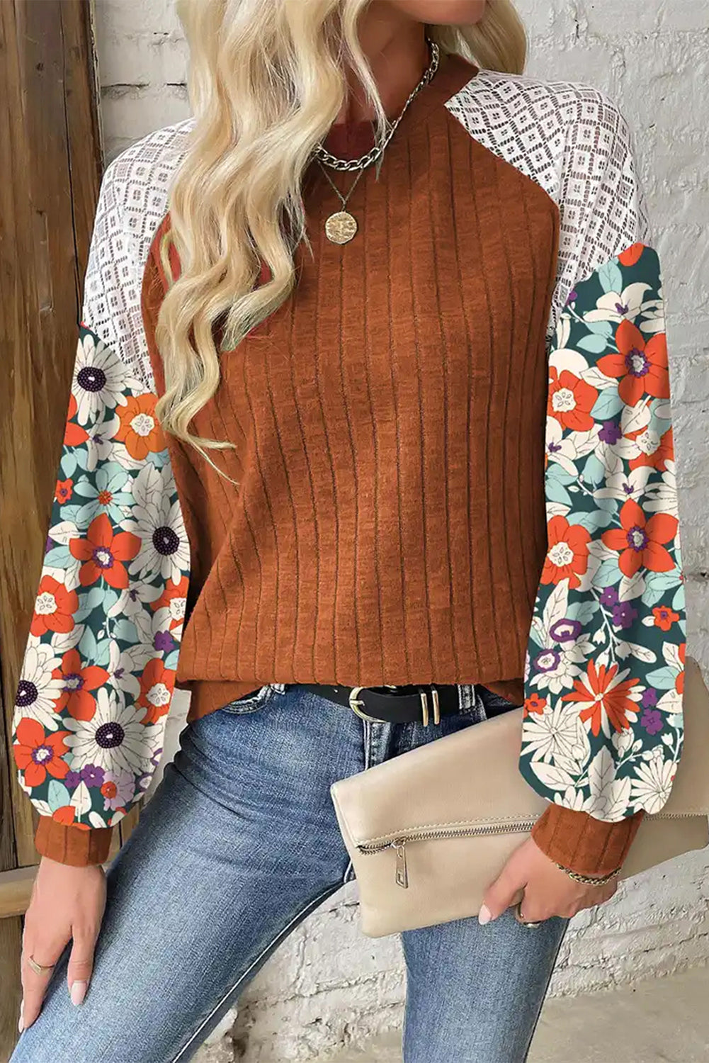 Cinnamon Floral Patchwork Long Sleeve Ribbed Blouse