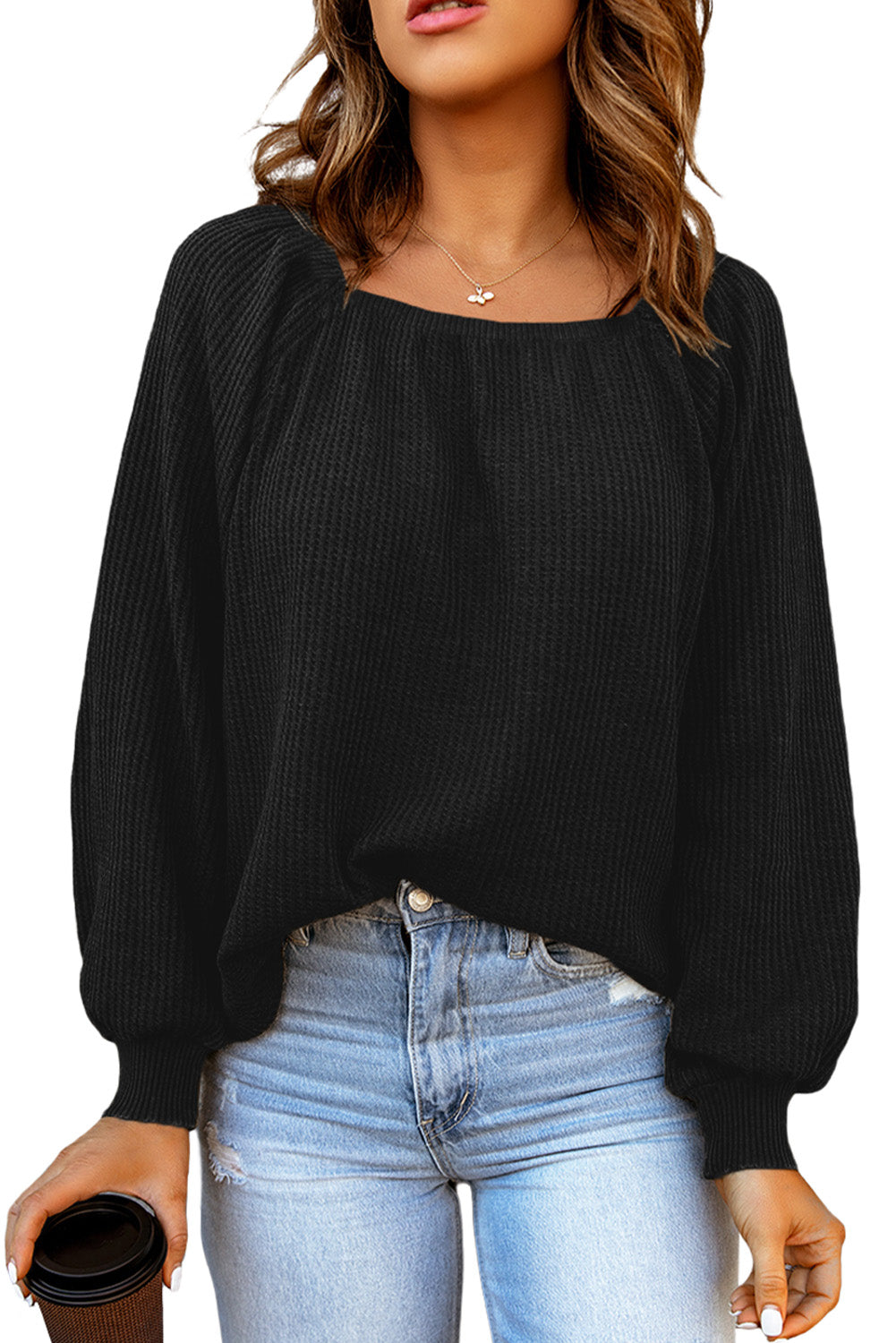 Black Scoop Neck Puff Sleeve Waffle Knit Top