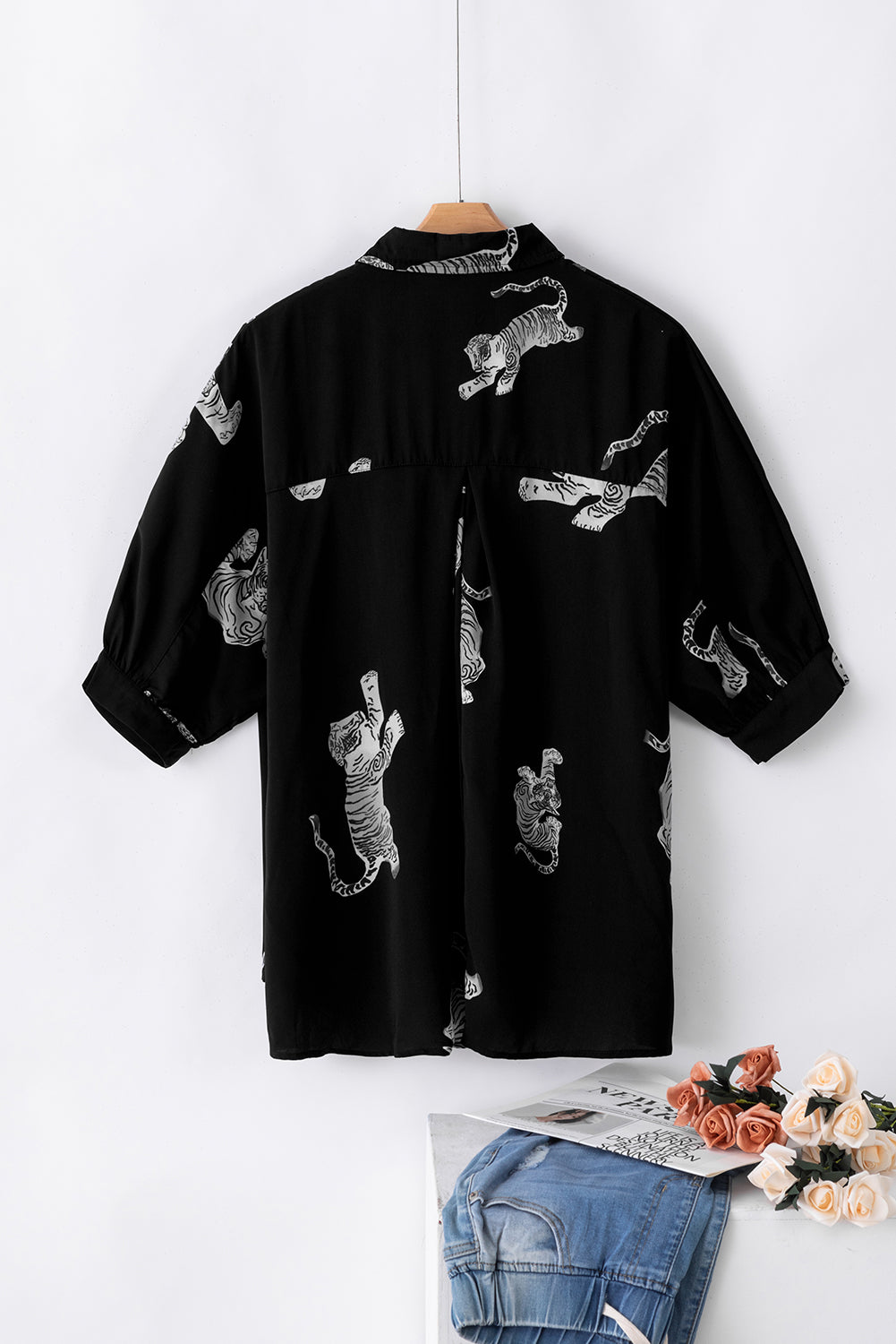 Black Tiger Print 3/4 Sleeve Oversized Shirt