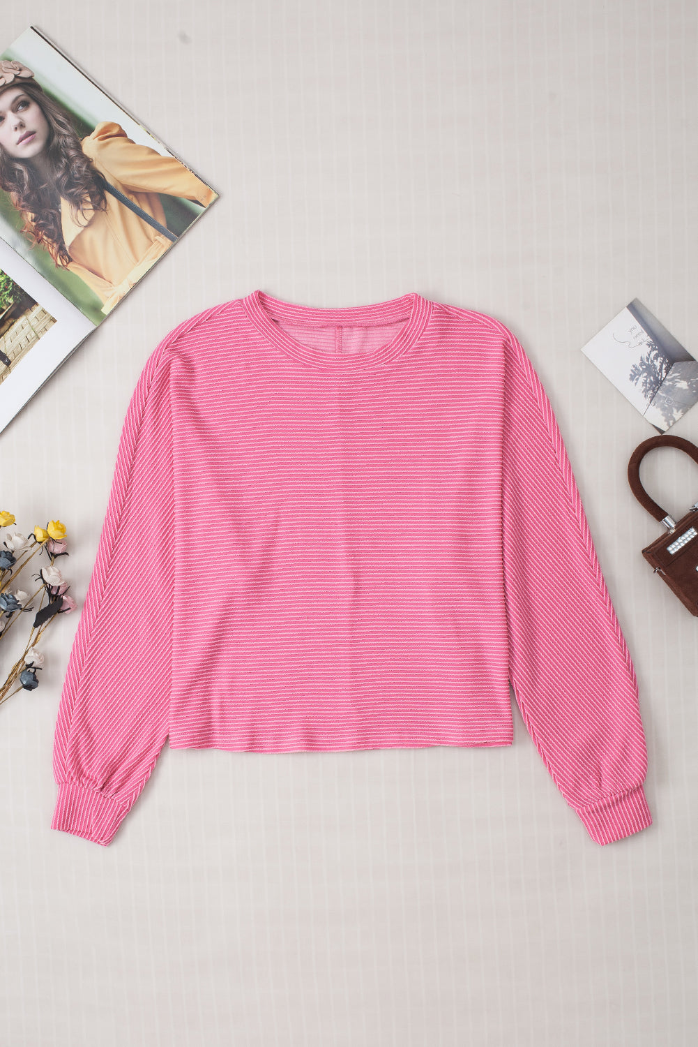 Bonbon Solid Color Corded Textured Long Sleeve Top