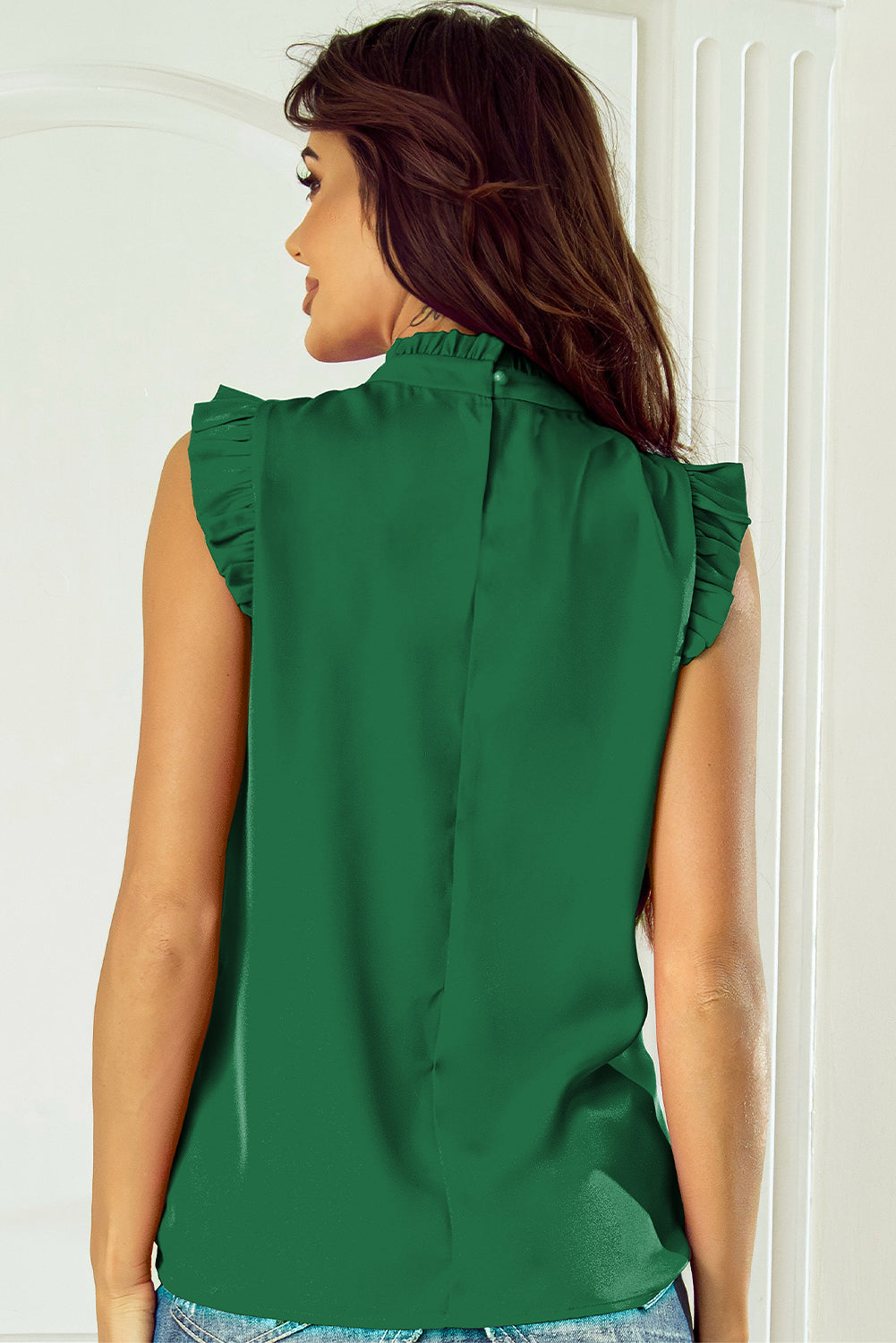 Bright Green Pleated Mock Neck Frilled Trim Sleeveless Top