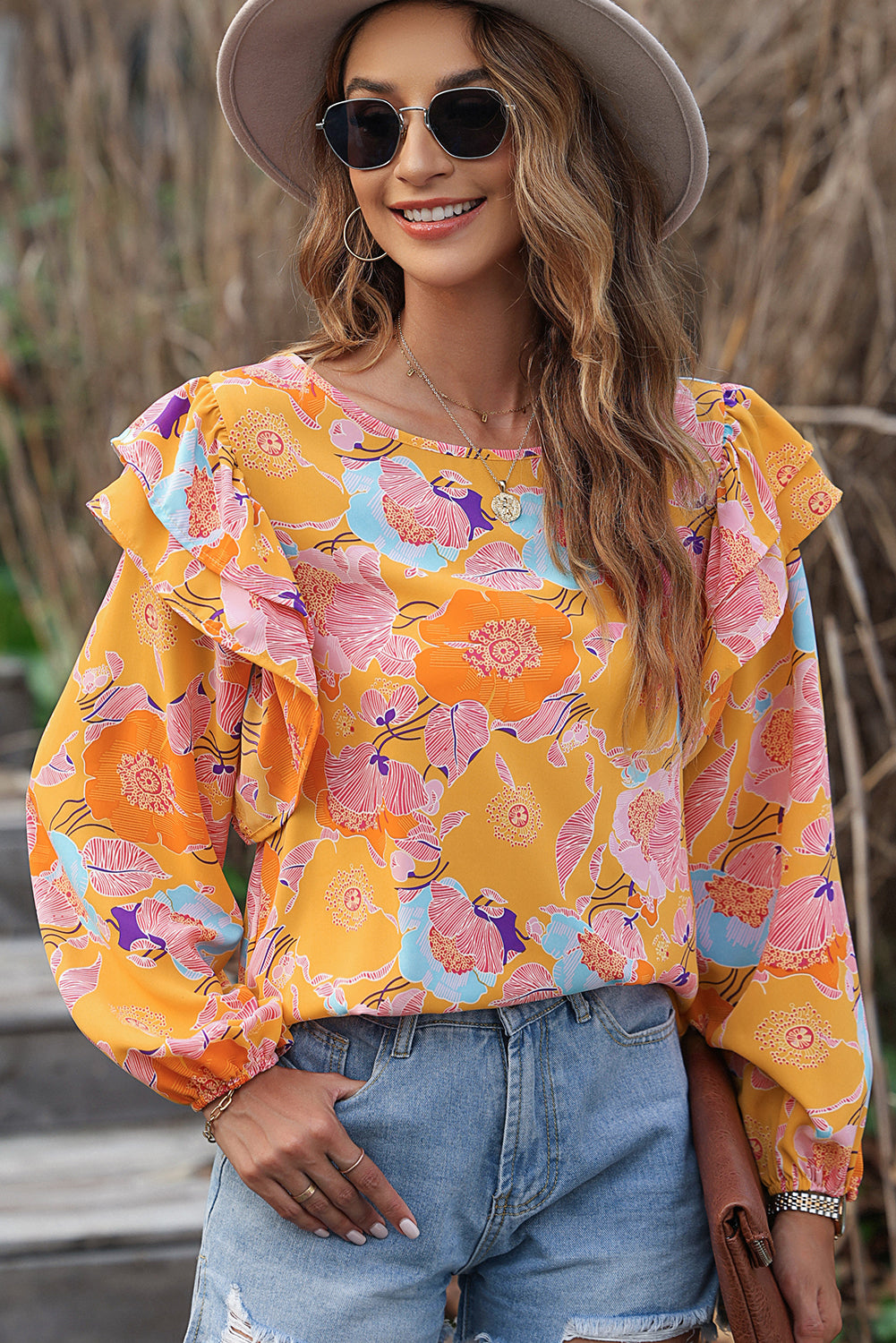 Ginger Floral Print Ruffle Puff Sleeve Blouse