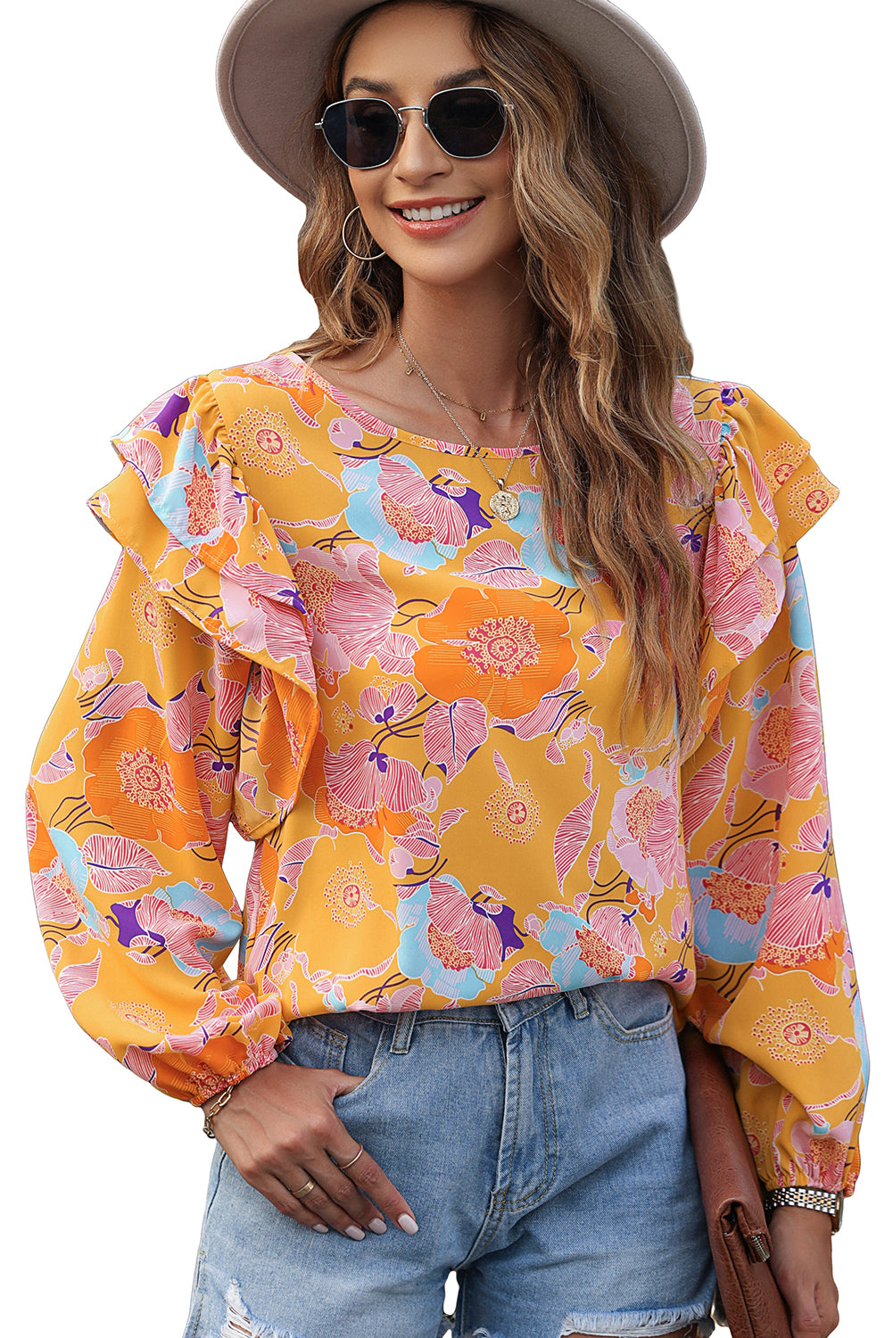 Ginger Floral Print Ruffle Puff Sleeve Blouse