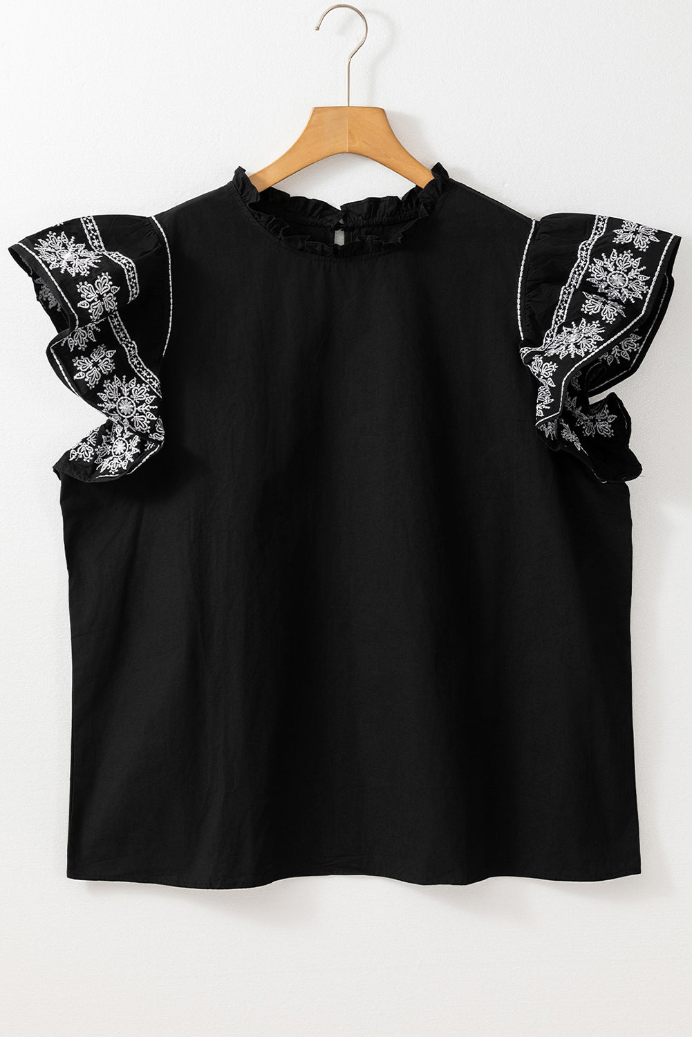 Black Embroidered Ruffled Sleeve Frilled Collar Blouse