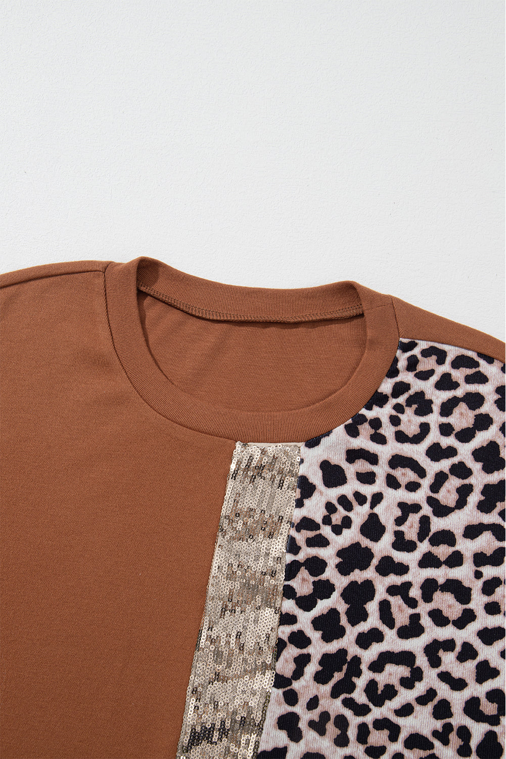 Gold Flame Leopard Print Sequin Colorblock Long Sleeve Top